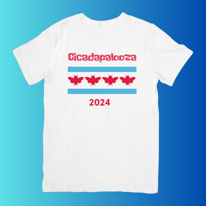 White short sleeve t-shirt with red cicadapalooza 2024 text and two blue stripes and 4 red cute cicadas replacing the stars on the Chicago flag