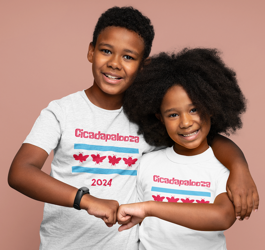A 10 year old boy and his 8 year old sister bump fists and smile. Each wears a white t-shirt with red text saying, "Cicadapalooza." Also, the Chicago flag with the stars replaced by cute, red cicadas.