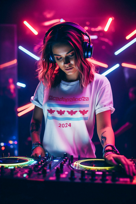 Young woman wears white t-shirt with "Cicadapalooza" printed on it and the Chicago flag with the red stars replaced by cute, red cicadas. She's wearing headphones and is working a turntable at a music festival.
